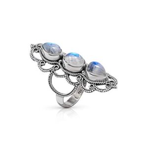 Koral Jewelry Moonstone 3 Stones Ethnic Vintge Gipsy Multi Stone Ring 925 Sterling Silver Vintage Tribal Gipsy Boho Chic (9)