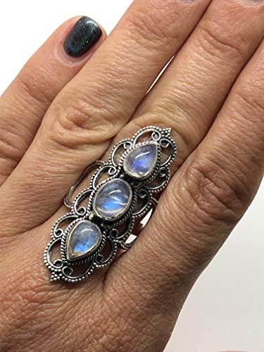 Koral Jewelry Moonstone 3 Stones Ethnic Vintge Gipsy Multi Stone Ring 925 Sterling Silver Vintage Tribal Gipsy Boho Chic (9)