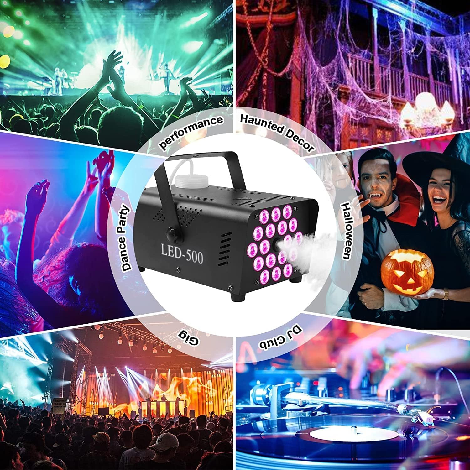 upstartech 500W Fog Machine with 13 Colorful Lights Effect and18 LED light, Portable Smoke Machine 2000CFM Fog with 2 Wireless Remote Control, Automatic Outdoor Fog Machine Parties Wedding Halloween