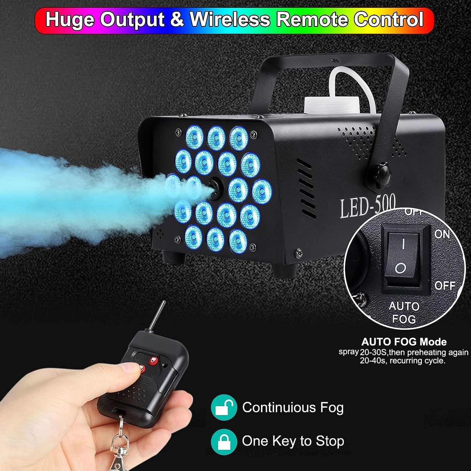 upstartech 500W Fog Machine with 13 Colorful Lights Effect and18 LED light, Portable Smoke Machine 2000CFM Fog with 2 Wireless Remote Control, Automatic Outdoor Fog Machine Parties Wedding Halloween