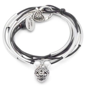 Lizzy James Girlfriend Silver Charm Bracelet Necklace w Puffed Heart Charm in Natural Black Leather (Medium)