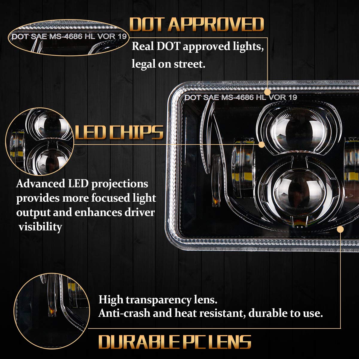 4x6 inch LED Headlights Rectangular Lights Set, Compatible with H4651 H4652 H4656 H4666 H6545, for Peterbil Kenworth Freightinger Ford Probe Oldsmobile Cutlass, Black