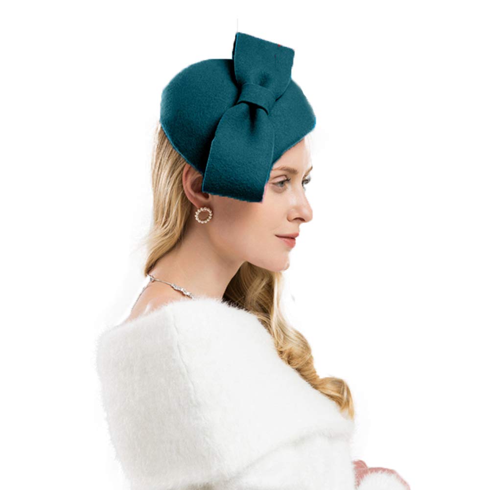 F FADVES Wool Felt Fascinator Winter Women Pillbox Hat Bowknot Fedoras Blue