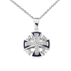 Religious Jewelry Elegant Sterling Silver Diamond Jerusalem Cross Pendant Necklace with Blue Enamel, 22"