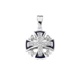 Religious Jewelry Elegant Sterling Silver Diamond Jerusalem Cross Pendant Necklace with Blue Enamel, 22"