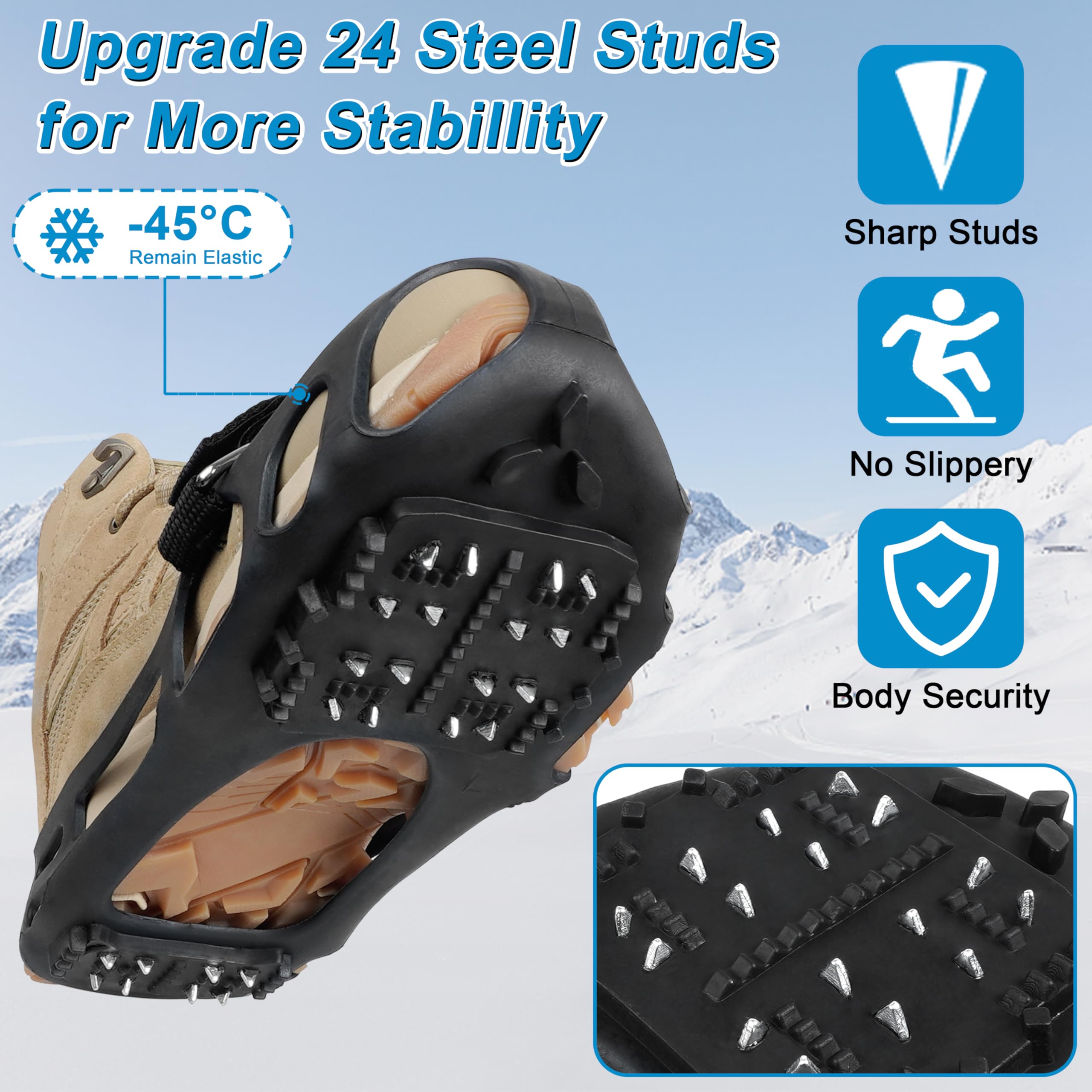 Ice Snow Traction Cleats for Shoes and Boots Non-Slip Crampon Snow Cleats for Winter Walking on Snow and Ice Boots Cleats for Men Women Walking Jogging Hiking (24 Steel Crampons, Size L)