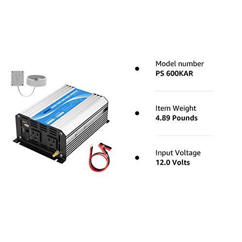 GIANDEL Power Inverter Pure Sine Wave 600Watt 12V DC to 120V AC with Remote Control Dual AC Outlets ETL Listed UL458 Standard for Small Solar System Outdoor Emergency