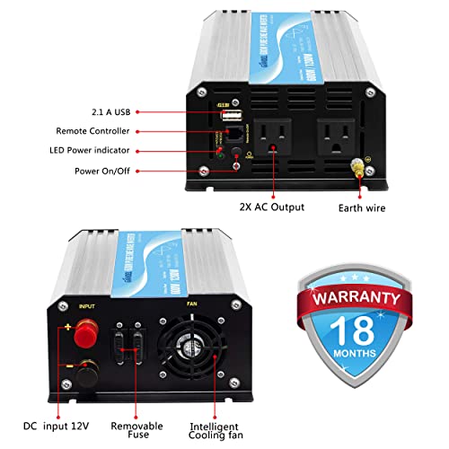 GIANDEL Power Inverter Pure Sine Wave 600Watt 12V DC to 120V AC with Remote Control Dual AC Outlets ETL Listed UL458 Standard for Small Solar System Outdoor Emergency