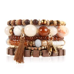 riah fashion multi layer versatile statement bracelets - stackable beaded strand stretch bangles sparkly crystal, wood bead, tassel charm (cubic wood & tassel - brown)