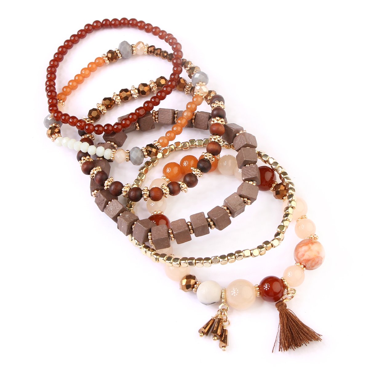 RIAH FASHION Multi Layer Versatile Statement Bracelets - Stackable Beaded Strand Stretch Bangles Sparkly Crystal, Wood Bead, Tassel Charm (Cubic Wood & Tassel - Brown)