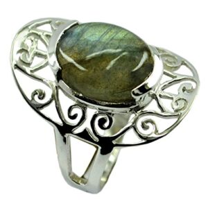 CaratYogi Handcrafted Genuine Labradorite Sterling Silver Statement Ring Oval Shape Deisgn Size 8