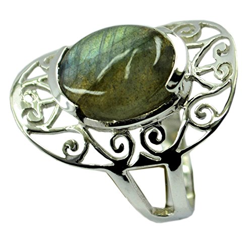 CaratYogi Handcrafted Genuine Labradorite Sterling Silver Statement Ring Oval Shape Deisgn Size 8