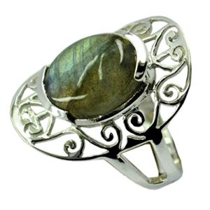 CaratYogi Handcrafted Genuine Labradorite Sterling Silver Statement Ring Oval Shape Deisgn Size 8