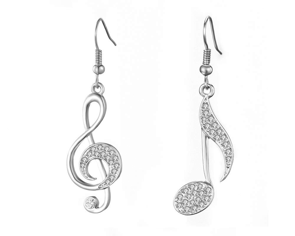 Caiyao Delicate Music Note Dangle Earrings Czech Crystal Eighth Note Treble Clef Music Note Drop Earrings for Women Musican-Silver