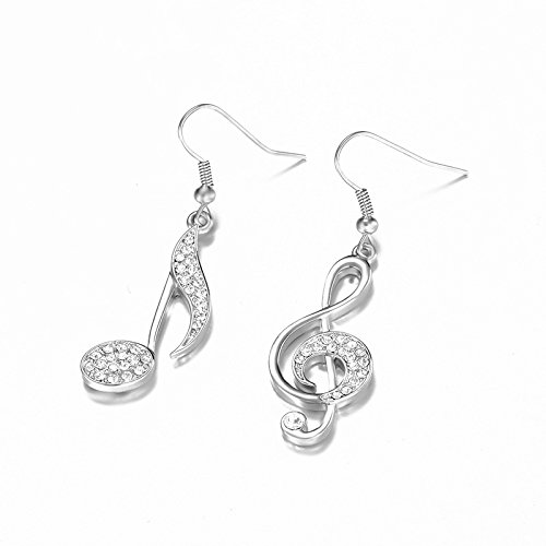 Caiyao Delicate Music Note Dangle Earrings Czech Crystal Eighth Note Treble Clef Music Note Drop Earrings for Women Musican-Silver