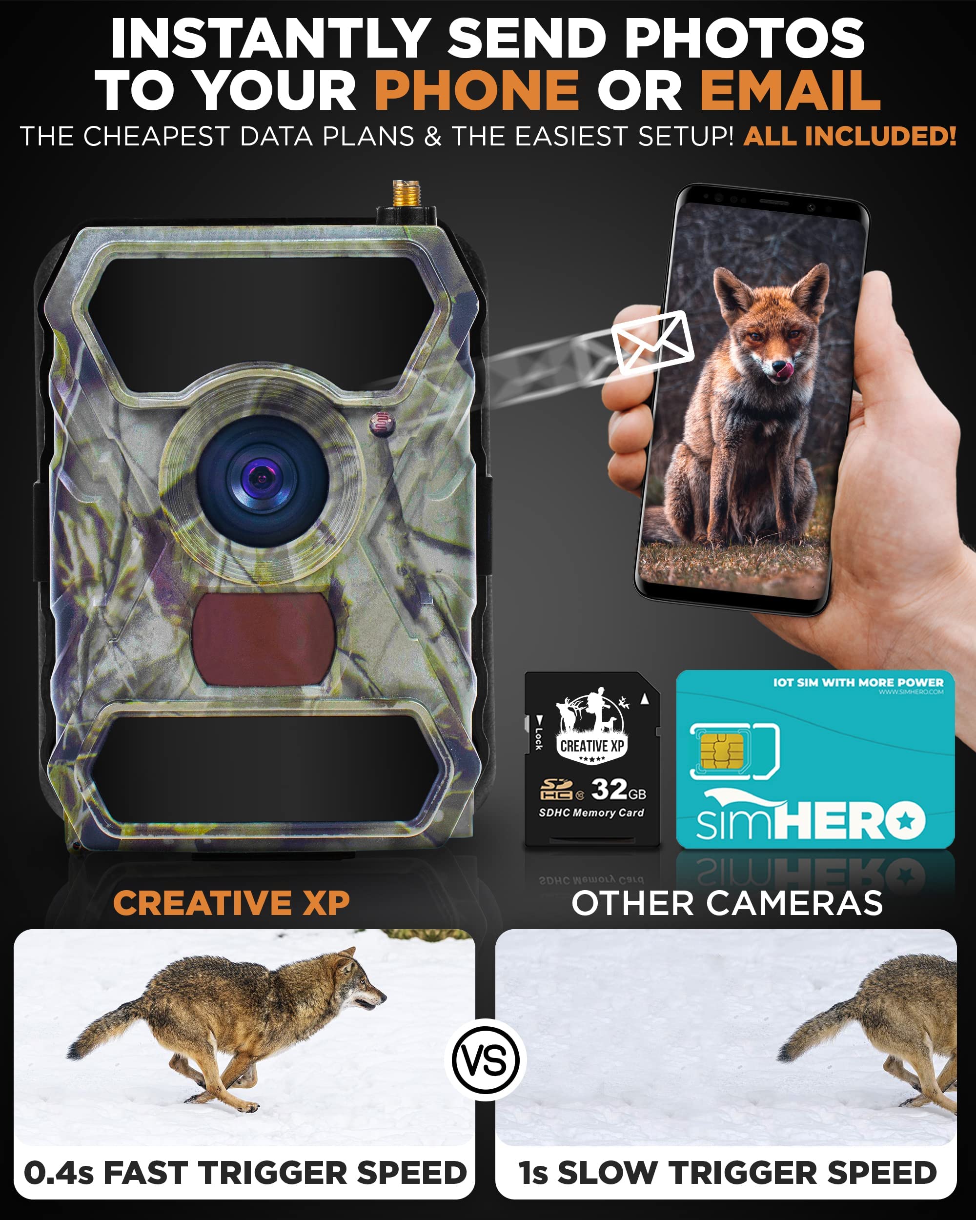 CREATIVE XP Cellular Trail Camera WiFi 16MP 1080P Outdoor Game Camera with No-Glow Night Vision Motion Activated IP54 Waterproof for Hunting or Property Security, 4G Plus