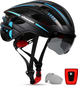 shinmax bike helmet with usb rechargeable light & detachable magnetic goggles uv protective & carry bag reflective bicycle helmet men women mountain road adjustable adult cycling helmet (wt-049)