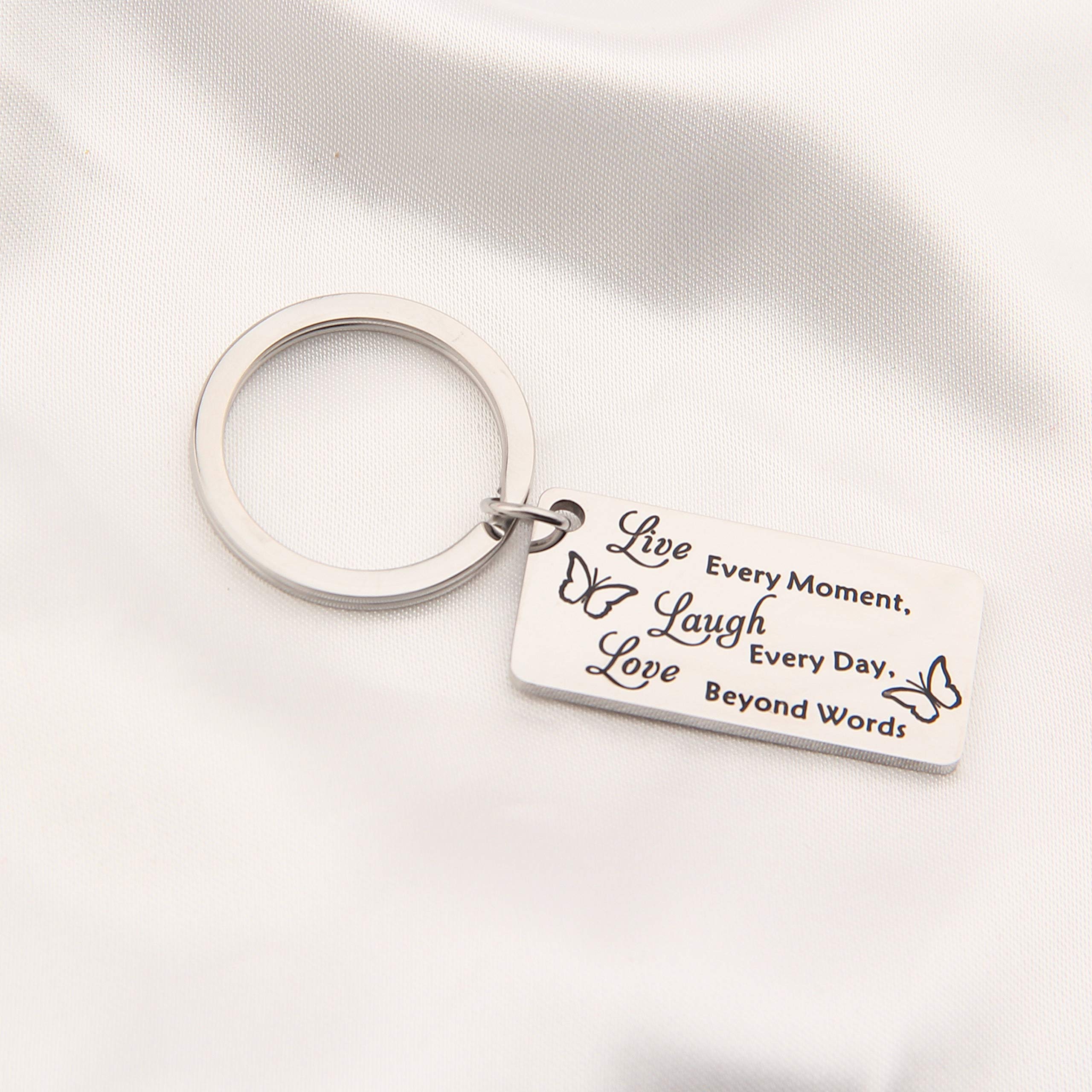 FEELMEM Butterfly Keychain Inspirational Butterfly Quote Live Every Moment Laugh Every Day Love Beyond Words Keychain Butterfly Jewelry Hostess Gift House Warming Gift for Best Friend Family (silver)