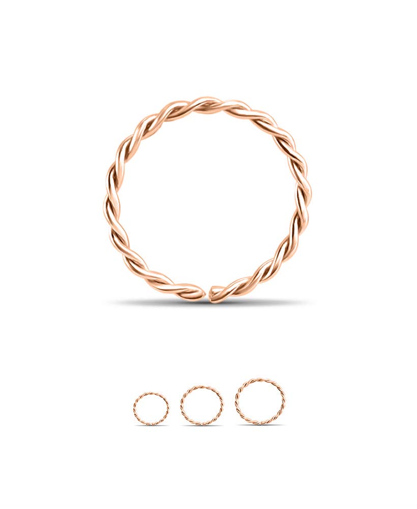 14k Rose Gold Nose Hoops Twisted Seamless Nose Rings 1/4" - 6mm 18G