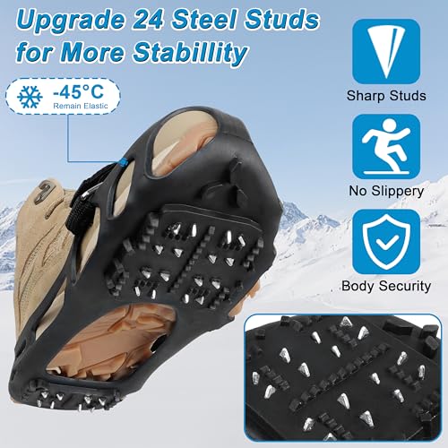 Ice Snow Traction Cleats for Shoes and Boots Non-Slip Crampon Snow Cleats for Winter Walking on Snow and Ice Boots Cleats for Men Women Walking Jogging Hiking (24 Steel Crampons, Size XL)