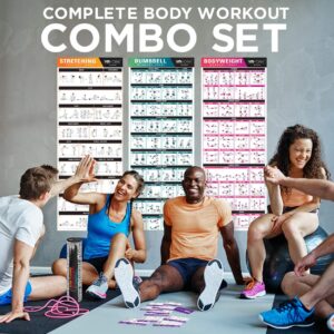 YoYork Exercise Posters for Stretching, Dumbell & Bodyweight Training - Home Gym & Fitness Workout w Minimal Equipment Needed - Get Full Body Workout at Home - 3 Laminated Posters Plus Workout Cards