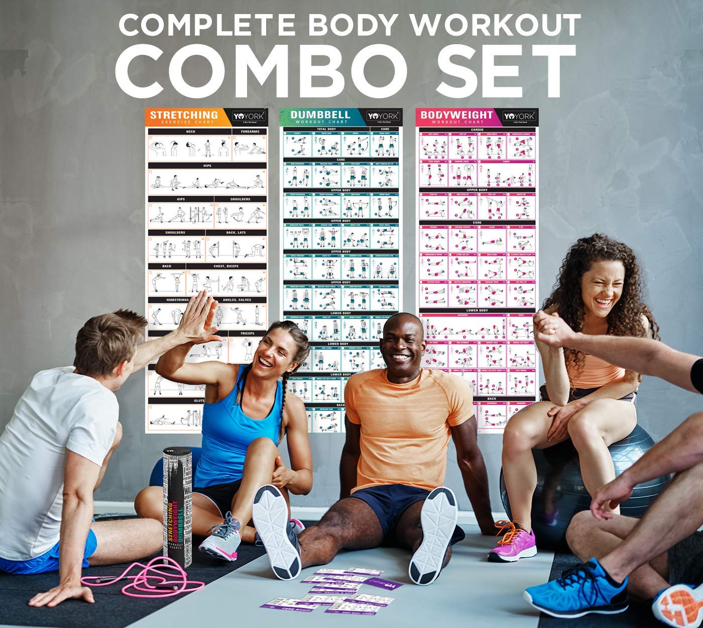 YoYork Exercise Posters for Stretching, Dumbell & Bodyweight Training - Home Gym & Fitness Workout w Minimal Equipment Needed - Get Full Body Workout at Home - 3 Laminated Posters Plus Workout Cards