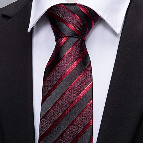 Barry.Wang Stripe Men Ties Set Classic WOVEN Necktie with Handkerchief Cufflinks Formal Black Red