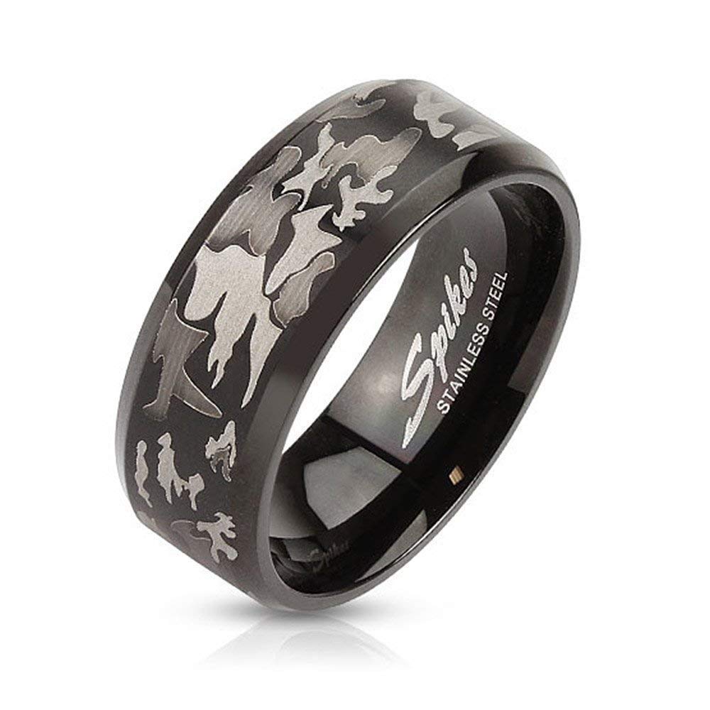 Camouflage Laser Etched Black IP Over Stainless Steel Band Ring (Width: 0.31" (8mm), Ring Size: 10)