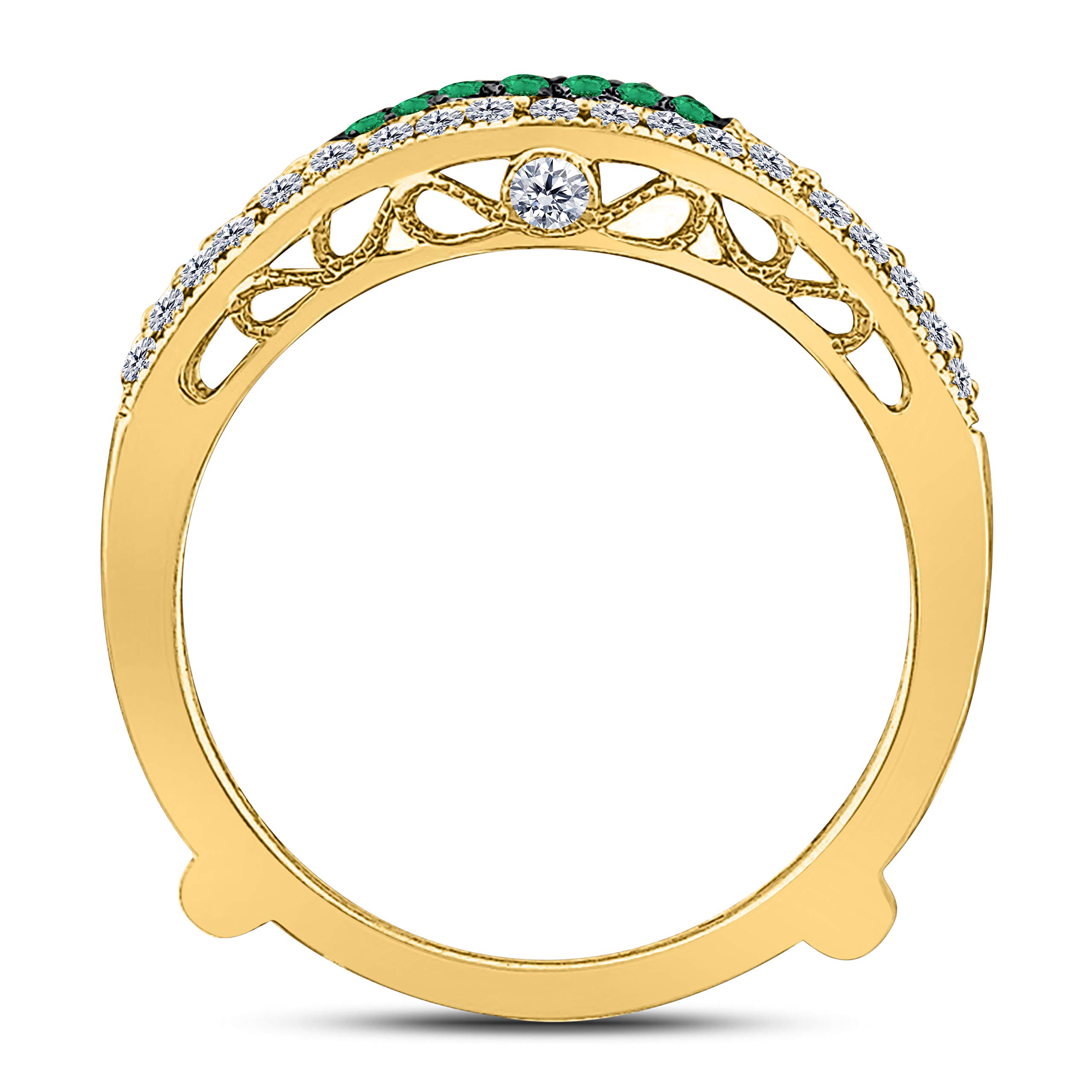 Jewelryhub 14k Yellow Gold Plated Sterling Silver Double Row Pave Set Classic Style Halo Engagement Wedding Enhancer Ring Guard with CZ Green Emerald