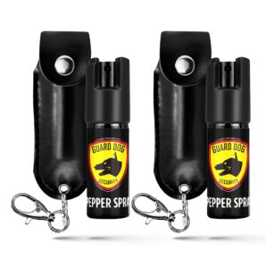 guard dog security pepper spray keychain for self defense with small leather pepper spray case, oc spray, 16 feet longer range, uv dye, twist top safety, lobster clap (black/black 2-pack)