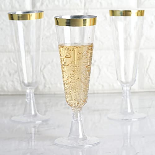 TABLECLOTHSFACTORY 60 Pack 5oz Gold Rimmed Clear Champagne Flutes Cocktail Disposable Plastic Glasses For Wedding Banquet Party Events