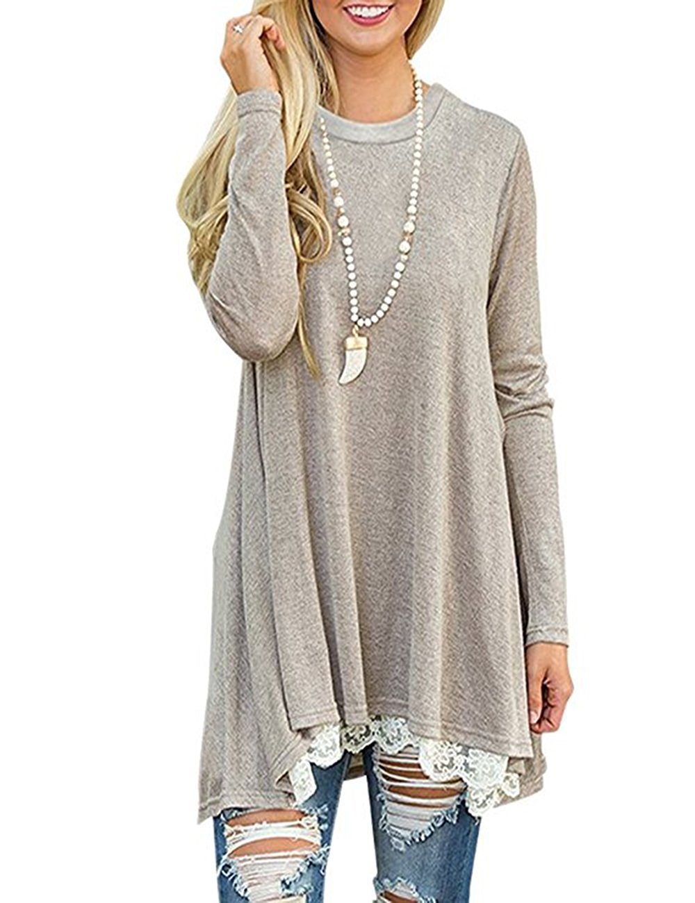 Andaa Women's Crew Neck Long Sleeve Lace Splicing Swing Shirt Dresses Long Tunic Blouses Shirts for Leggings Khaki