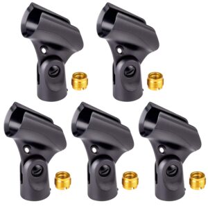 universal microphone clip holder with nut adapters 5/8" to 3/8", 5 pack, black