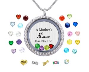 veeshy a mothers love has no end floating locket necklace pendant with charms & 24pcs birthstones, mother's day birthday xmas gifts