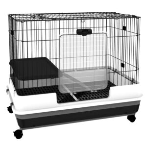 pawhut 2-level small animal cage rabbit hutch with wheels, removable tray, platform and ramp for bunny, chinchillas, ferret, black