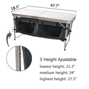 LUCKYERMORE Folding Camping Table with Storage Organizer, Aluminum Lightweight Height Adjustable Camp Kitchen Table for Outdoor Travel, Beach, Backyard, BBQ, Party and Picnic.