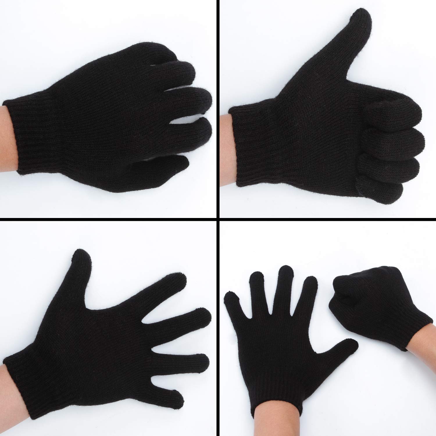 Cooraby 12 Pairs Winter Magic Gloves Stretchy Warm Knit Gloves with Mesh Storage Bag for Men or Women (Black, Length 8.3 inches)