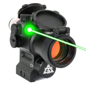 at3 leos red dot sight with integrated green laser sight - 2 moa red dot scope with flip up lens caps