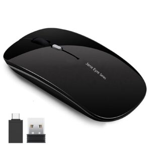 uciefy q5 slim rechargeable wireless mouse, 2.4g portable optical silent ultra thin wireless computer mouse with usb receiver and type c adapter, compatible with pc, laptop, notebook, desktop black