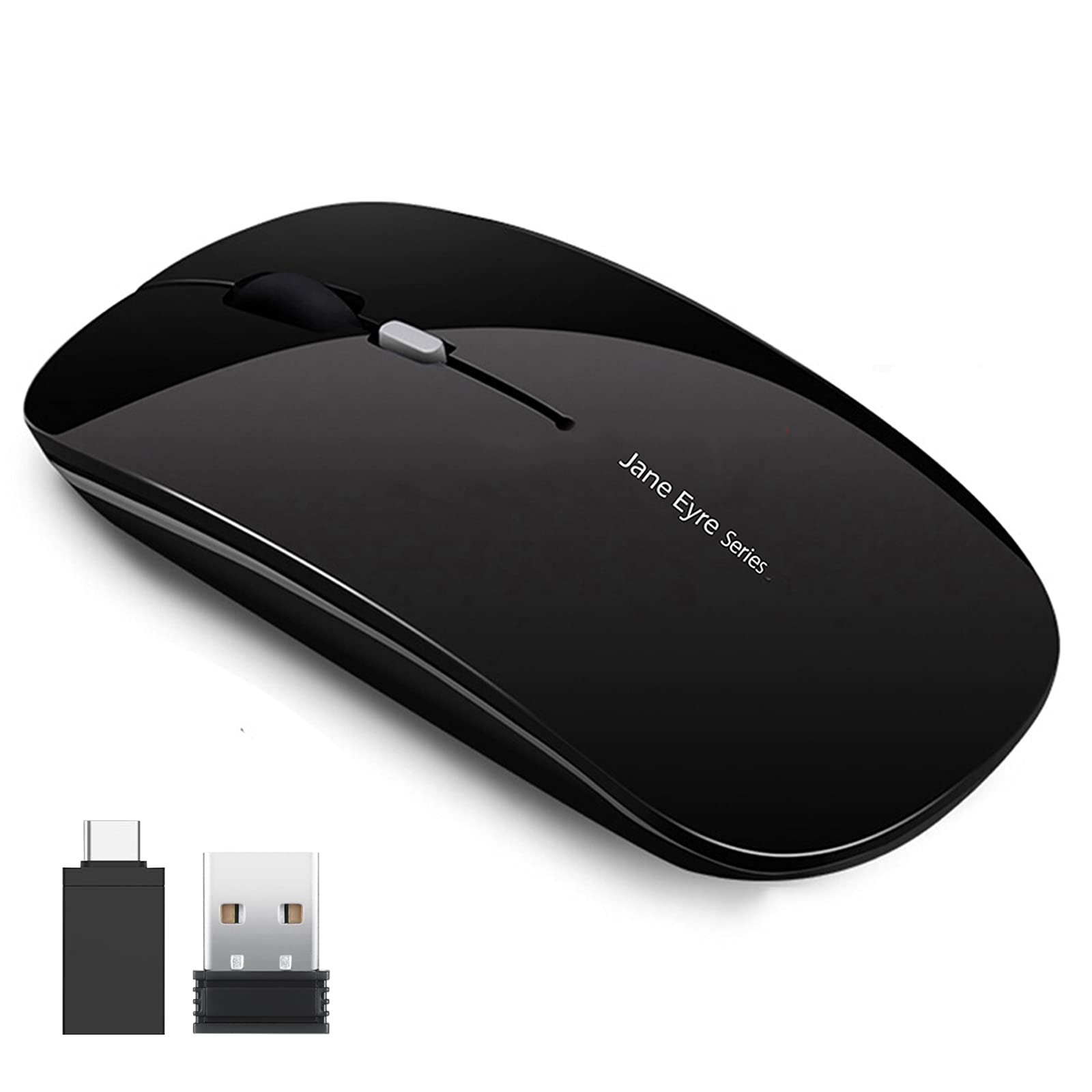 Uciefy Q5 Slim Rechargeable Wireless Mouse, 2.4G Portable Optical Silent Ultra Thin Wireless Computer Mouse with USB Receiver and Type C Adapter, Compatible with PC, Laptop, Notebook, Desktop Black