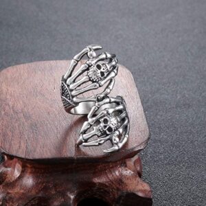 HIJONES Unisex Stainless Steel Gothic Punk Double Skull Skeleton Claws Ring Silver Size 8