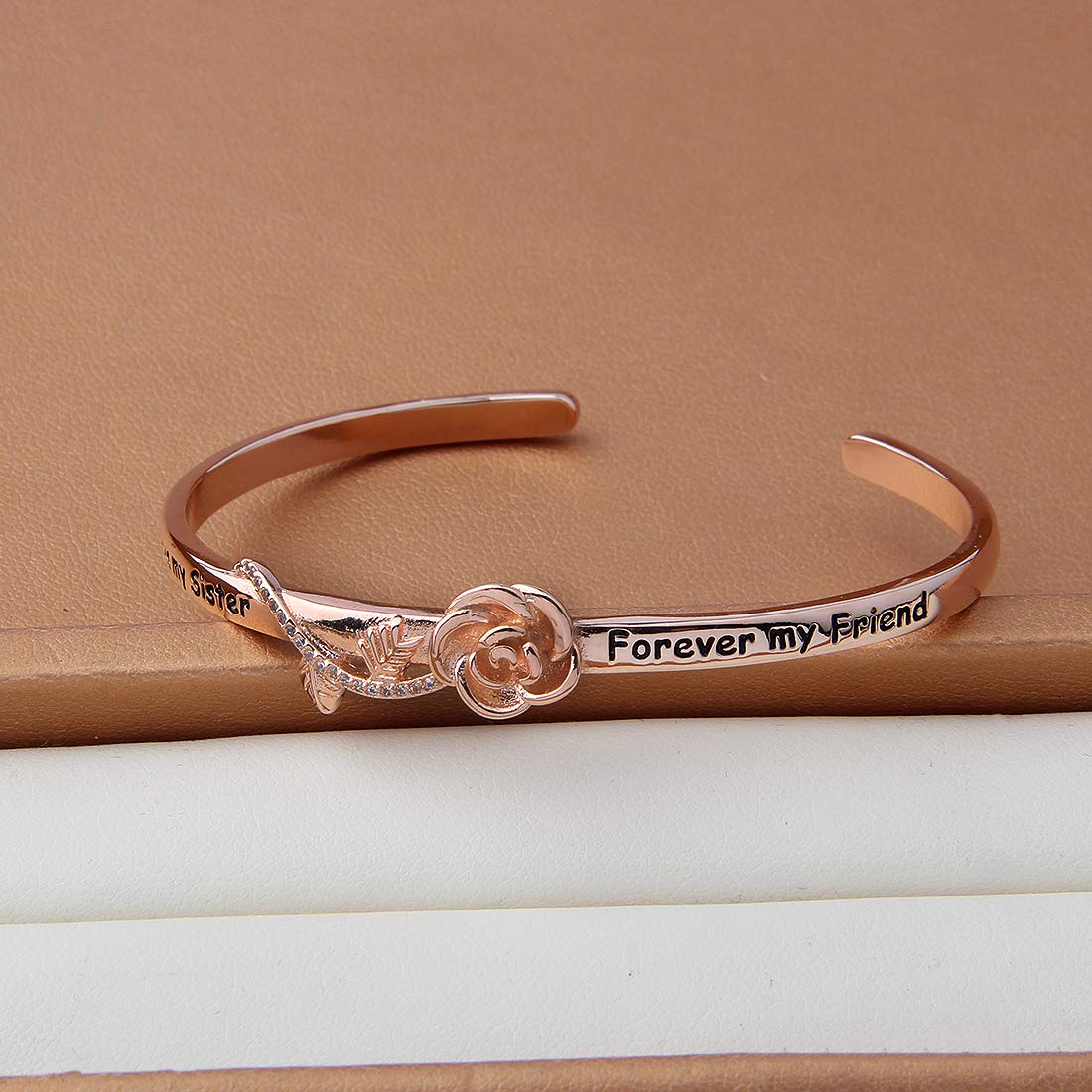 Best Friend Bracelet Sister Gift Always My Sister Forever My Friend Cuff Bracelet with Rose Flower Gift for Sisters Friendship Jewelry (Gold)