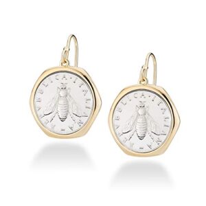 Miabella 18K Gold over 925 Sterling Silver Italian Genuine 2-Lira Bee Coin Retro Dangle Drop Earrings for Women Made in Italy (yellow gold plated silver)