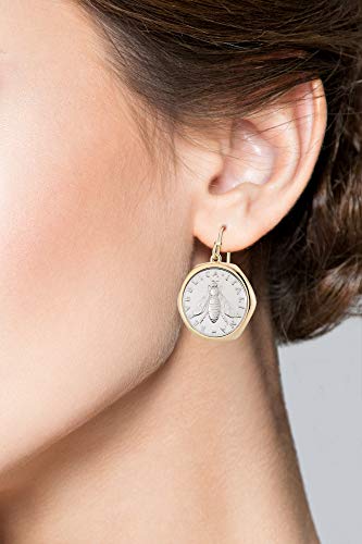 Miabella 18K Gold over 925 Sterling Silver Italian Genuine 2-Lira Bee Coin Retro Dangle Drop Earrings for Women Made in Italy (yellow gold plated silver)