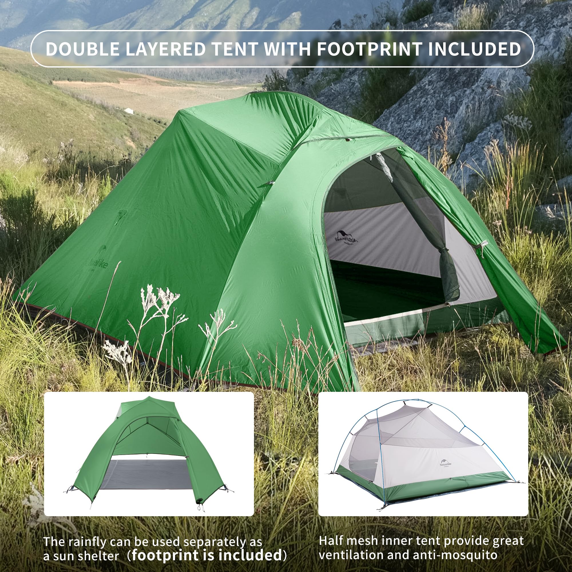 Naturehike Cloud-Up 3 Person Tent Lightweight Backpacking Tent with Footprint - 3 Season Free Standing Dome Camping Hiking Waterproof Backpack Tents