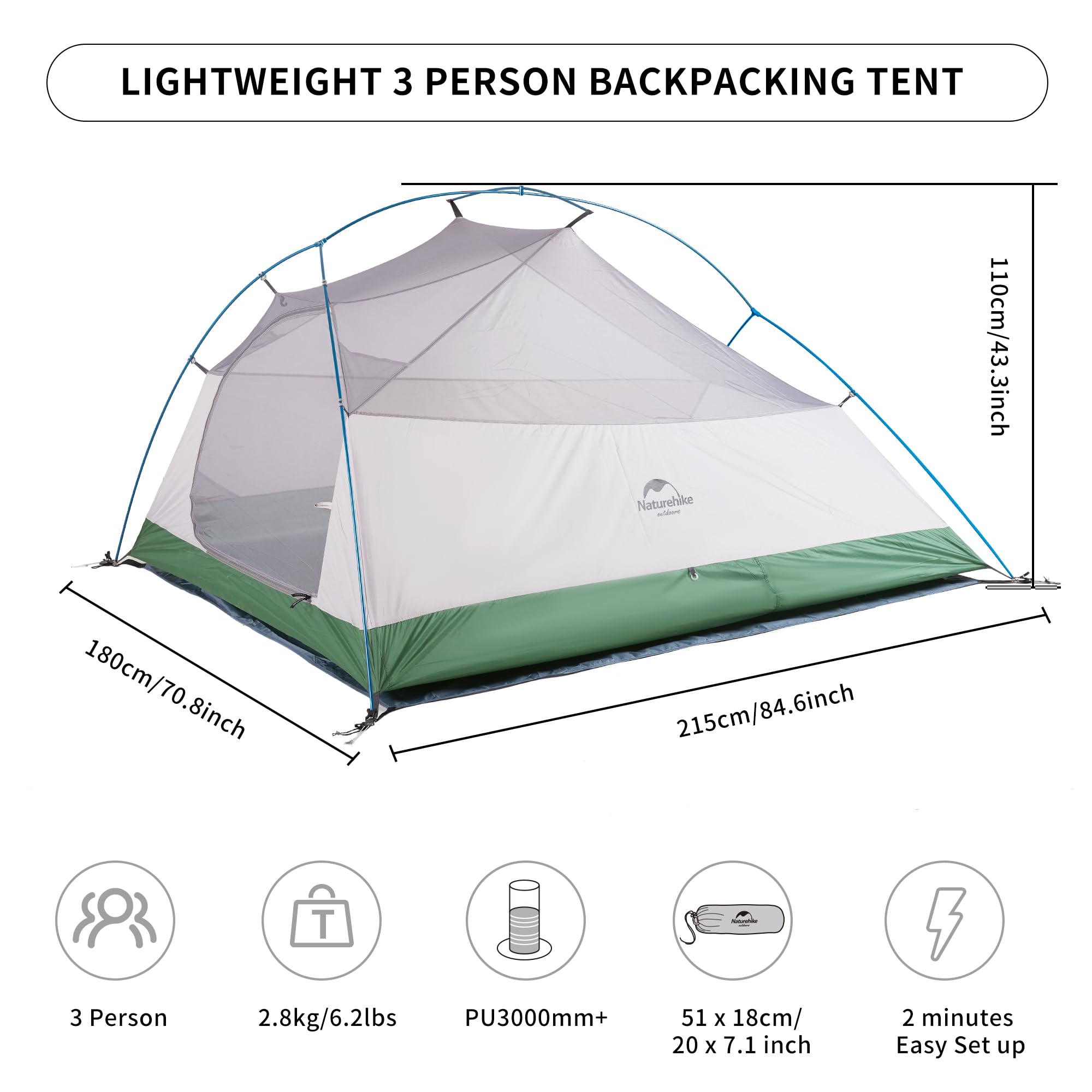 Naturehike Cloud-Up 3 Person Tent Lightweight Backpacking Tent with Footprint - 3 Season Free Standing Dome Camping Hiking Waterproof Backpack Tents