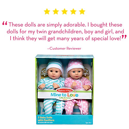 Melissa & Doug Mine to Love Twins Luke & Lucy 15” Light Skin-Tone Boy and Girl Baby Dolls with Rompers, Caps, Pacifiers - Twin Baby Dolls, First Baby Dolls For Toddlers 18 Months And Up