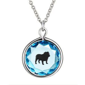 lovependants 16-18" pendant/necklace in blue swarovski crystal with black enameled english bulldog engraving in sterling silver.