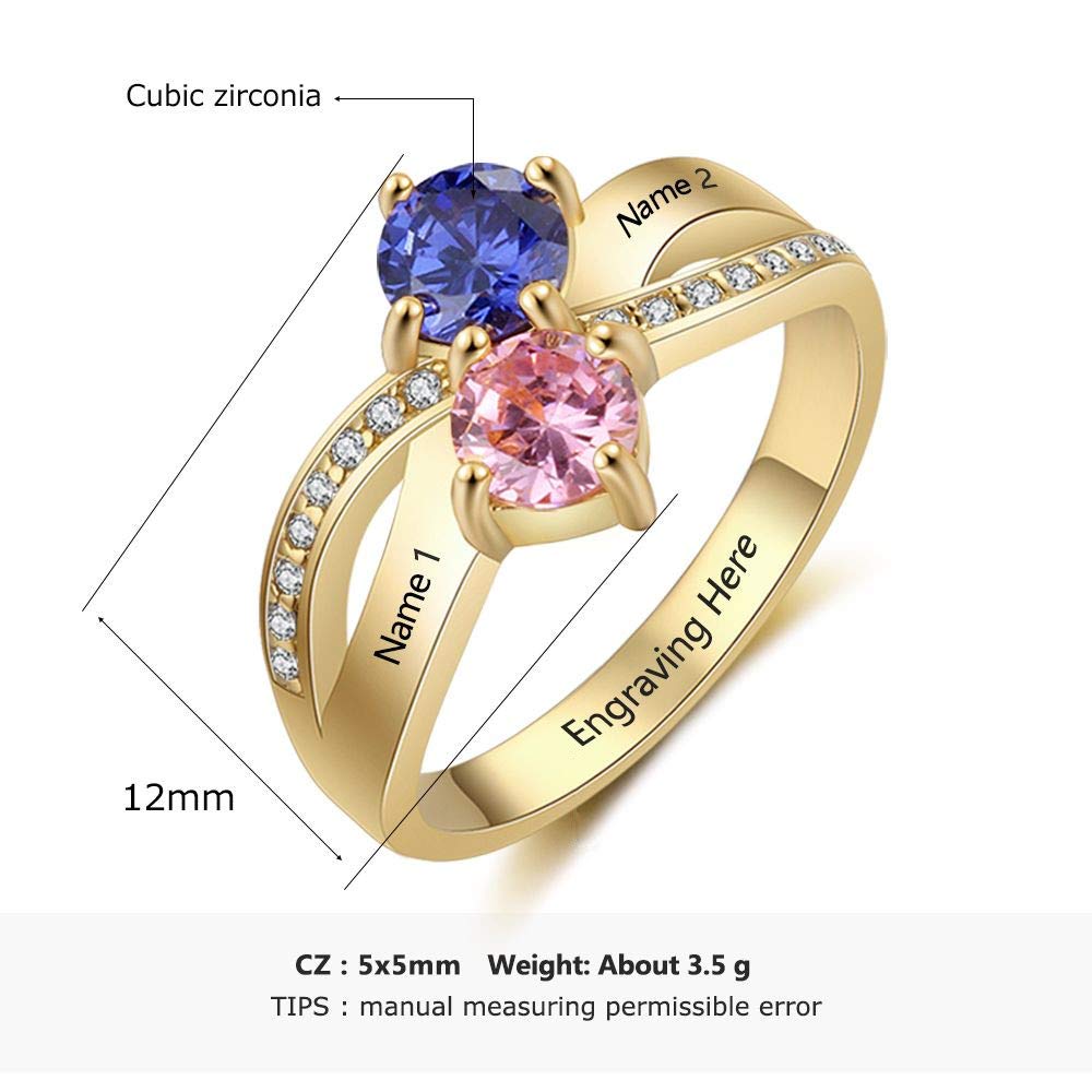 Luolajewelry Personalized Women Promise Ring Engraved 2 Names with 2 Simulated Birthstone Engagement Rings for Her (Gold, 9)