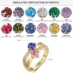 Luolajewelry Personalized Women Promise Ring Engraved 2 Names with 2 Simulated Birthstone Engagement Rings for Her (Gold, 9)